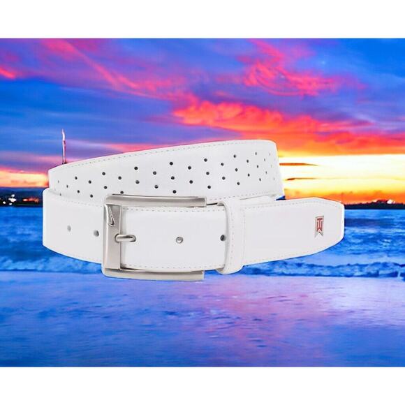 Nike Tiger Woods Mesh G-Flex White PGA Golf Tour Leather Belt Mens Size 42 NEW - Picture 5 of 12